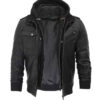 black leather jacket with removable hood