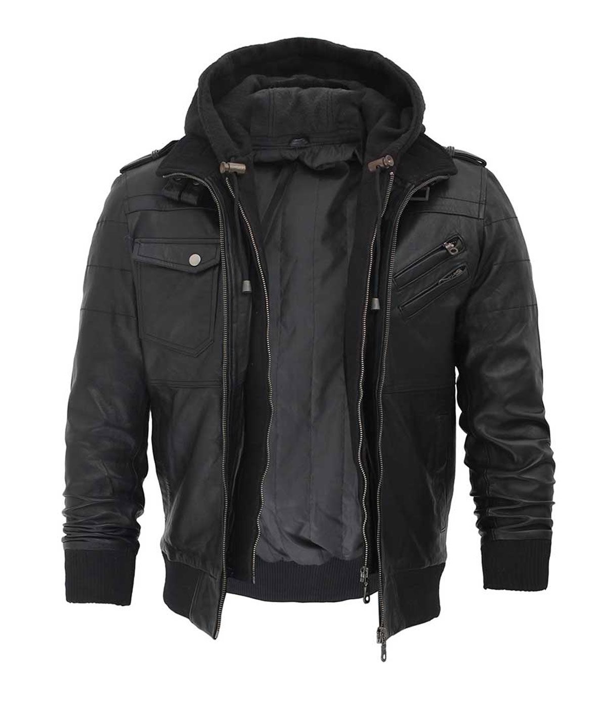mens black leather jacket with hoodie
