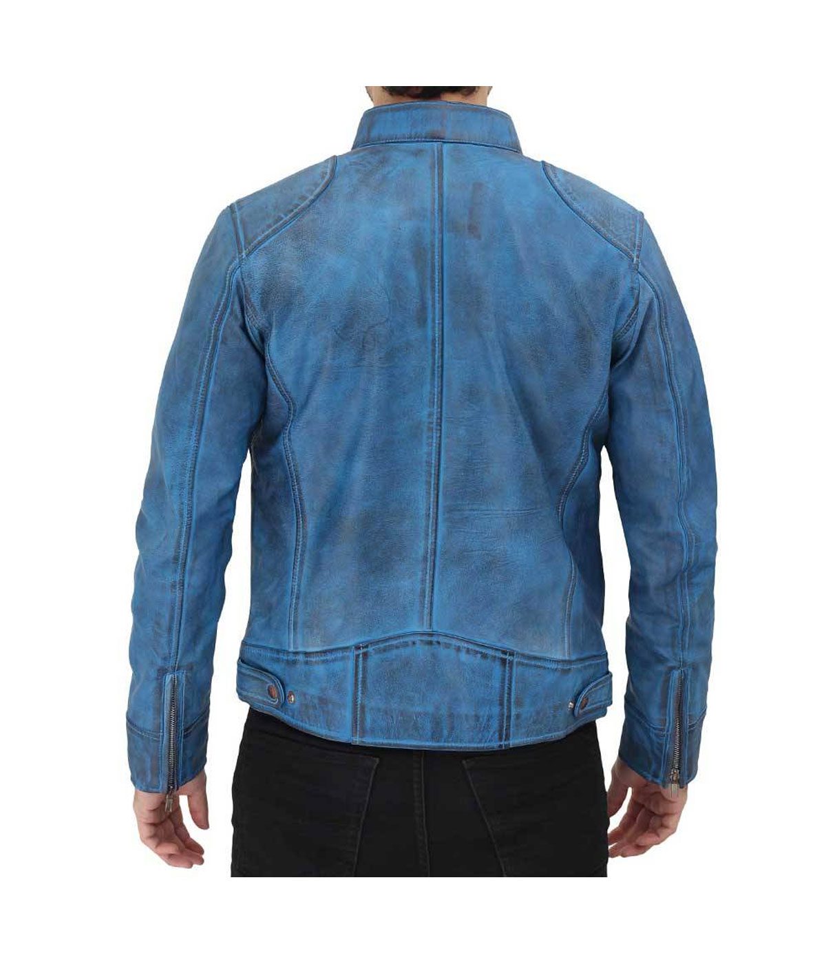Cafe Racer Leather Jacket Dodge Sky Blue Snap Collar