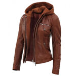 Women's Brown Cafe Racer Leather Jacket With Removable Hood