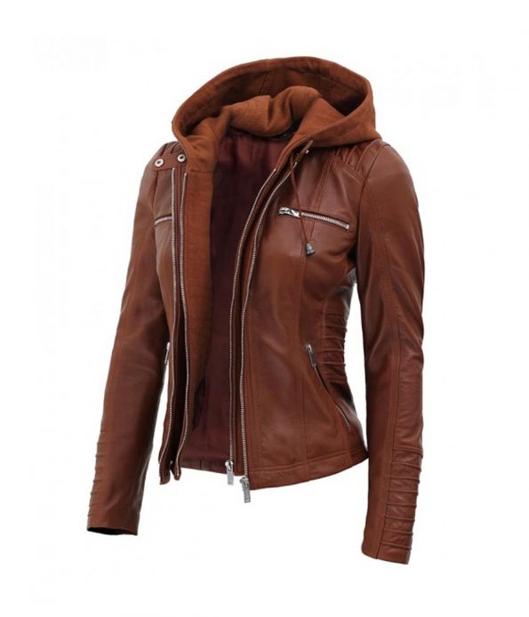 Women's Brown Cafe Racer Leather Jacket With Removable Hood