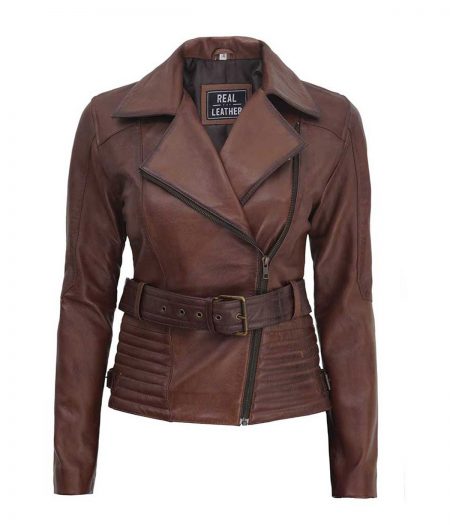 Edna Brown Belted Asymmetrical Biker Jacket for Women