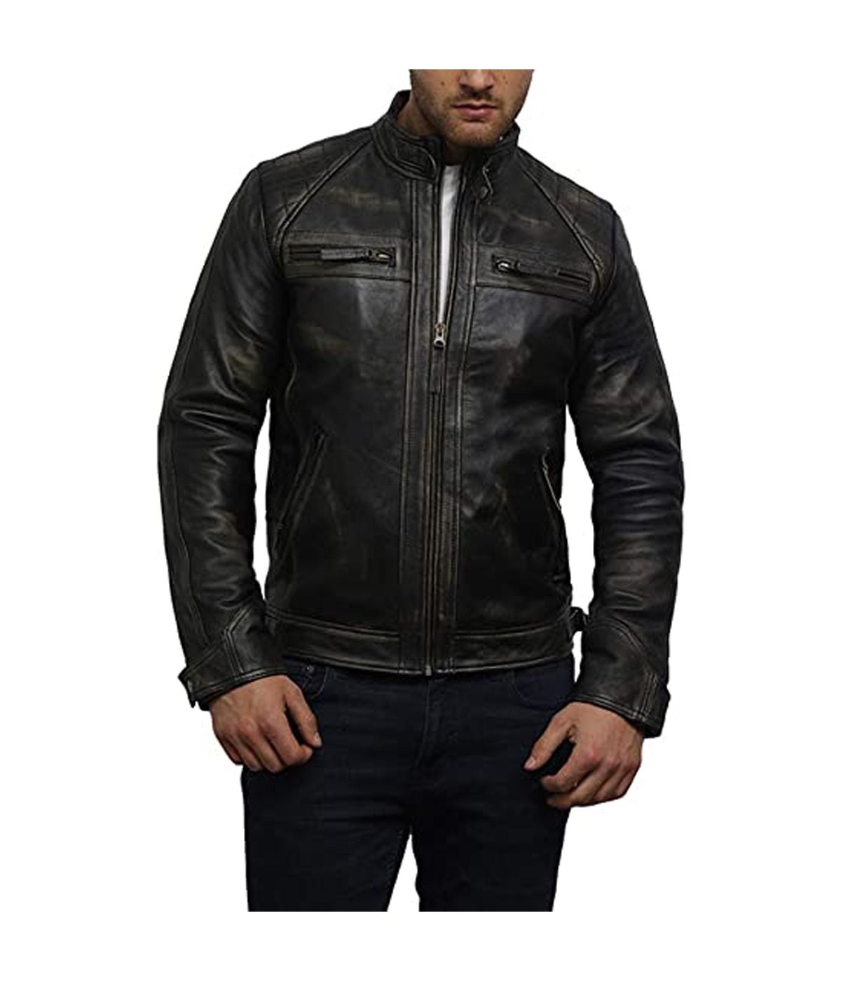 XXS Mens Quilted Diamond Classic Vintage Stylish Biker Leather Jacket 3XL Distressed Brown 