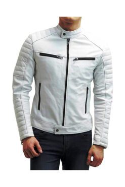 Men Genuine Leather Jacket White Soft Lambskin Biker Jacket Motorcycle Slim-fit