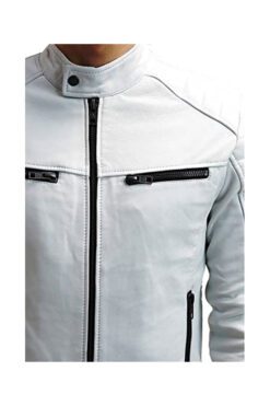 Men Genuine Leather Jacket White Soft Lambskin Biker Jacket Motorcycle Slim-fit