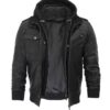 Black leather jacket with removable hoodie