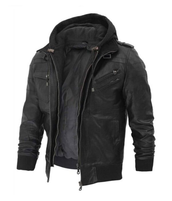 Black leather jacket with removable hoodie 3