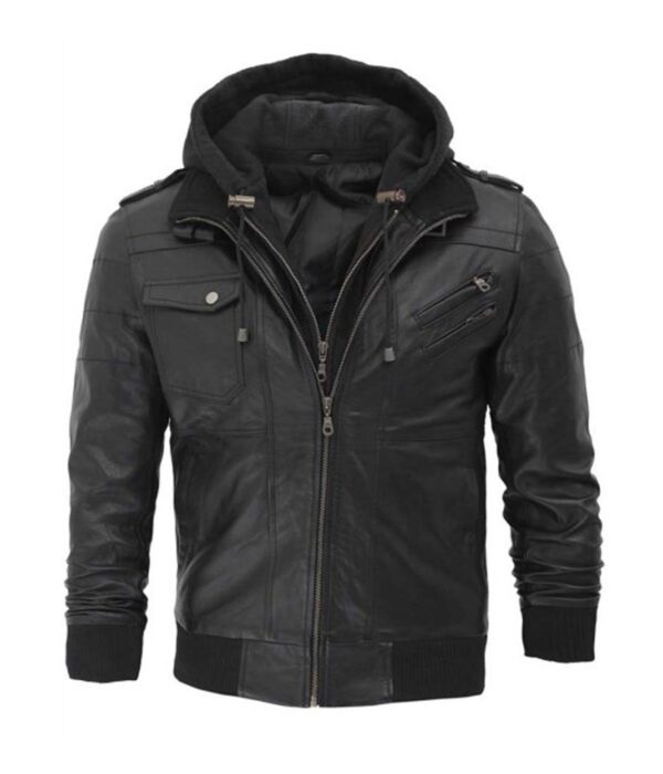 Black leather jacket with removable hoodie 2