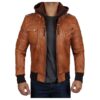 Edinburgh Mens Brown Leather Bomber Jacket With Hood 1