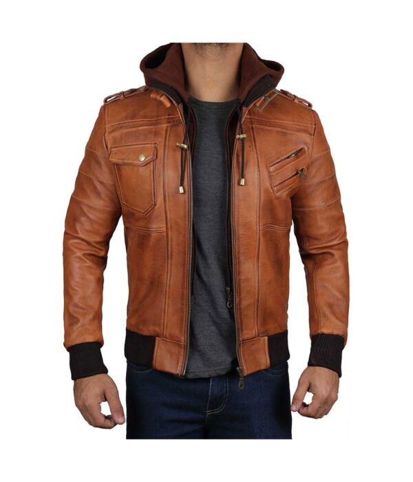 Edinburgh Mens Brown Leather Bomber Jacket With Hood 1