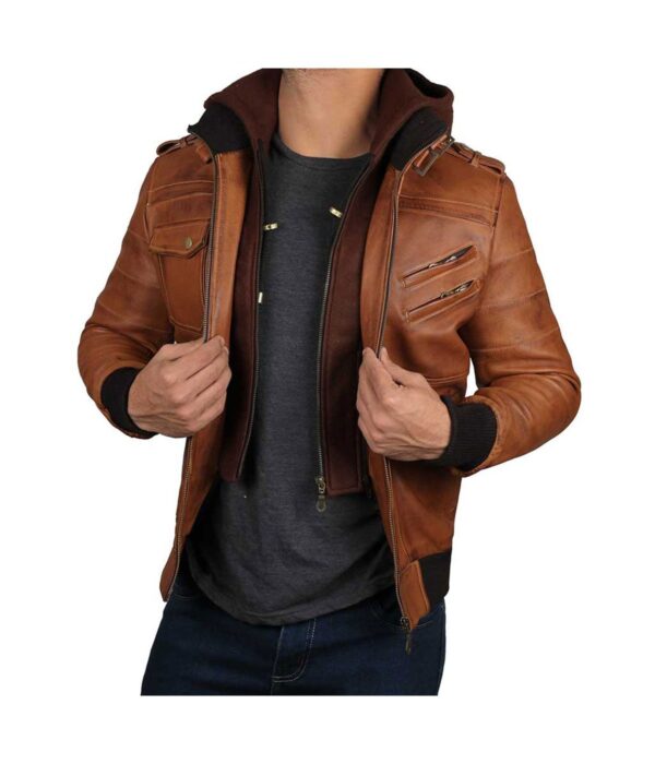 Edinburgh Mens Brown Leather Bomber Jacket With Hood 2