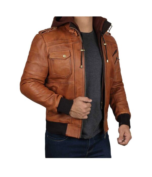 Edinburgh Mens Brown Leather Bomber Jacket With Hood 3