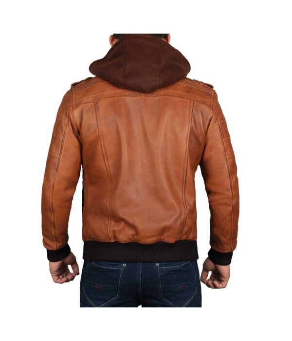 Edinburgh Mens Brown Leather Bomber Jacket With Hood back