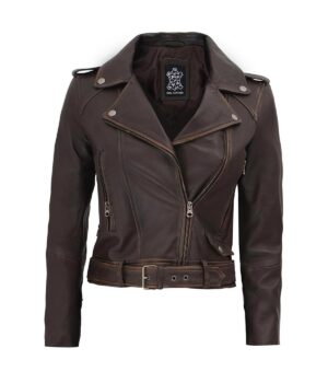 women Brown distressed leather jacket