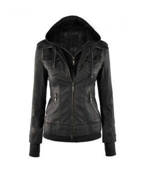 Black Women Hooded leather jacket