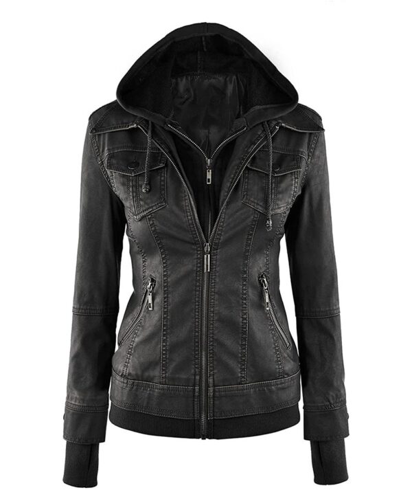 black hooded womens leather jacket