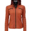 Women's hooded biker leather jacket