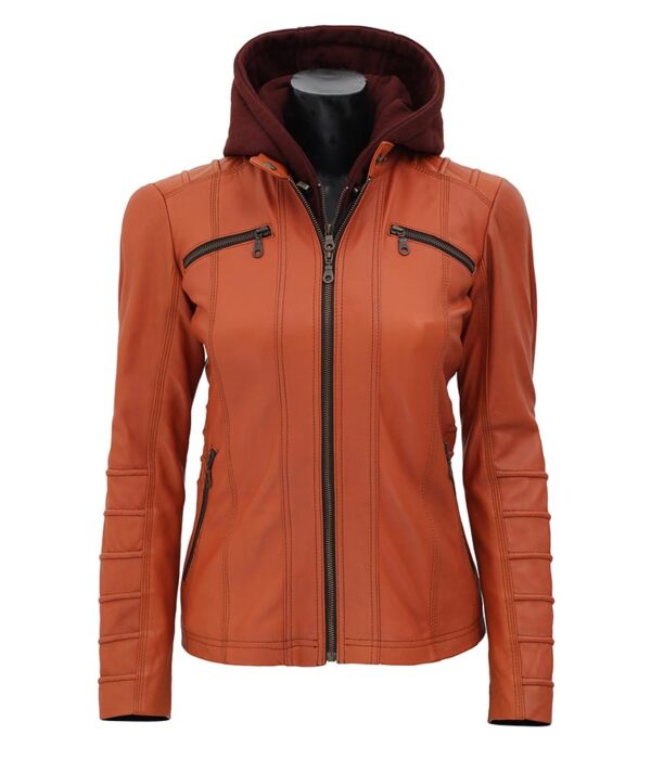 Women's hooded biker leather jacket