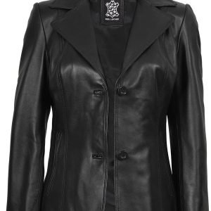 Marbella – Women’s Black Lambskin Leather Blazer | MLJ Edition