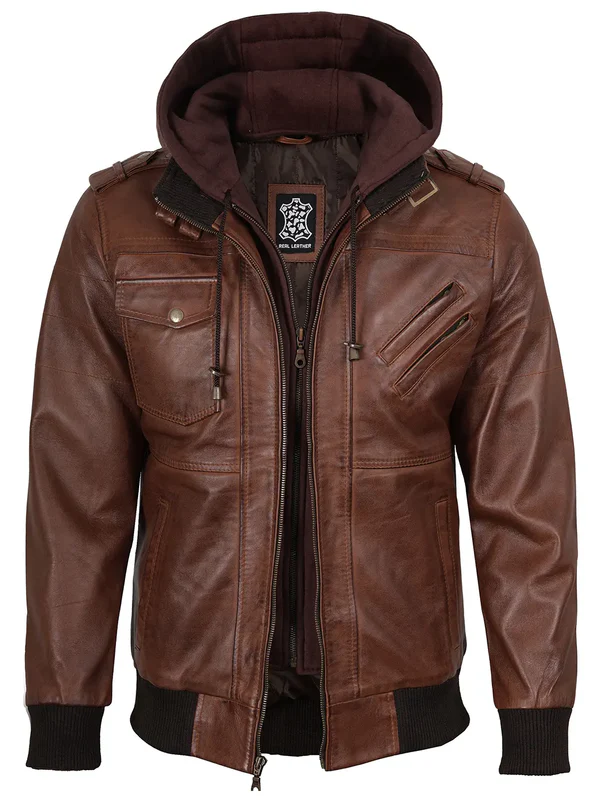 Edgefield – Men’s Cognac Wax Hooded Lambskin Bomber Jacket | MLJ Edition - Image 7