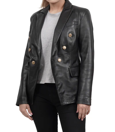 Livora Black Double-Breasted Leather Blazer – Women - Image 6