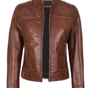 Dodge – Women’s Cognac Wax Lambskin Leather Jacket | MLJ Edition