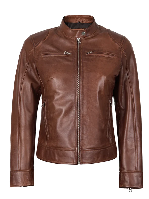 Dodge – Women’s Cognac Wax Lambskin Leather Jacket | MLJ Edition - Image 3