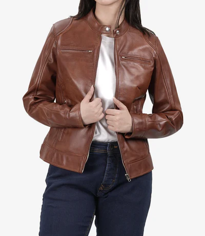 Dodge – Women’s Cognac Wax Lambskin Leather Jacket | MLJ Edition - Image 5