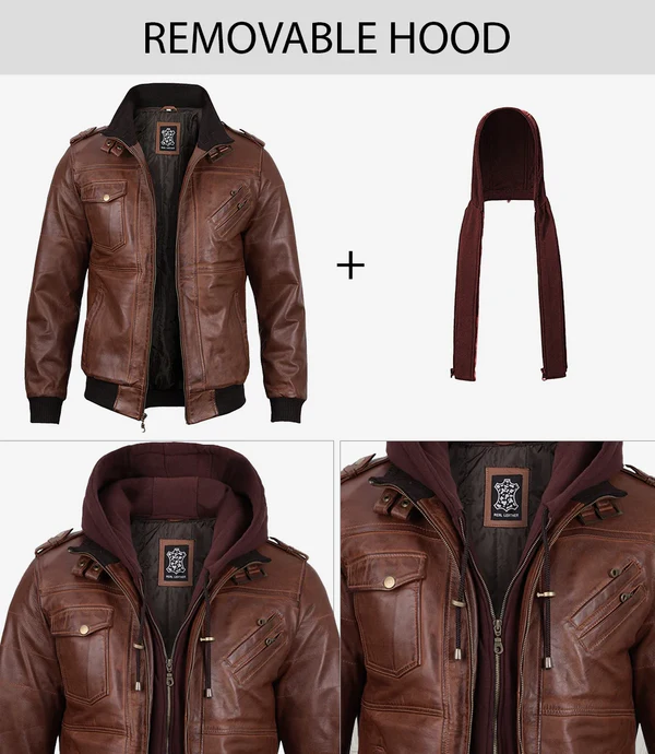 Edgefield – Men’s Cognac Wax Hooded Lambskin Bomber Jacket | MLJ Edition - Image 4