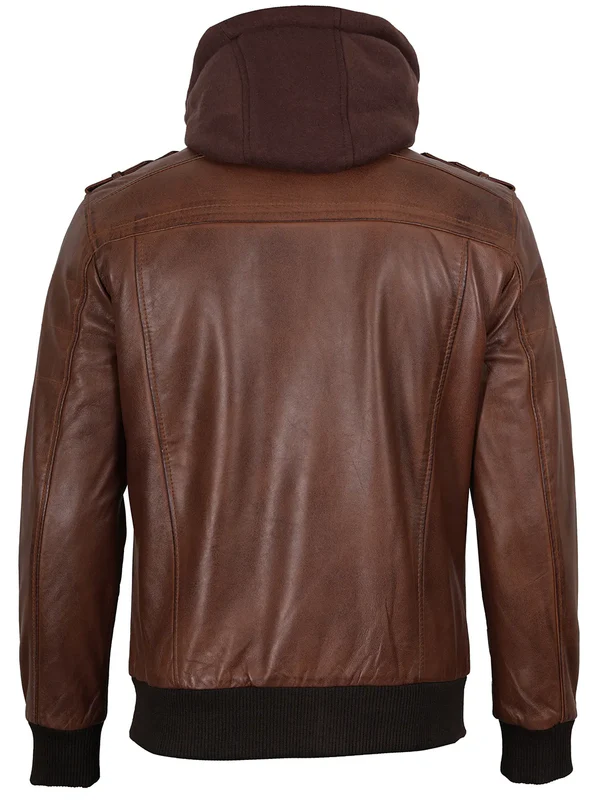 Edgefield – Men’s Cognac Wax Hooded Lambskin Bomber Jacket | MLJ Edition - Image 6