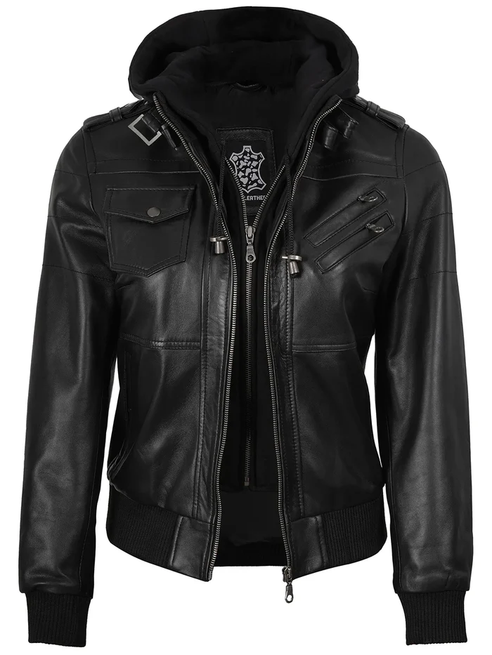 Edgefield – Women’s Black Hooded Lambskin Bomber Jacket | MLJ Edition - Image 3