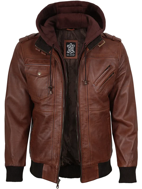 Edgefield – Men’s Cognac Wax Hooded Lambskin Bomber Jacket | MLJ Edition - Image 2