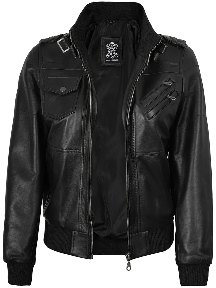 Edgefield – Women’s Black Hooded Lambskin Bomber Jacket | MLJ Edition - Image 4