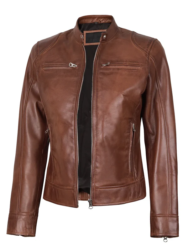 Dodge – Women’s Cognac Wax Lambskin Leather Jacket | MLJ Edition - Image 4