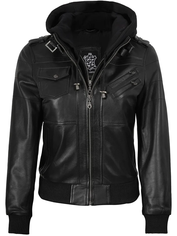 Edgefield – Women’s Black Hooded Lambskin Bomber Jacket | MLJ Edition - Image 2