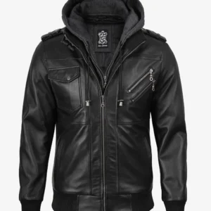 Ferrow Men’s Black Hooded Leather Jacket