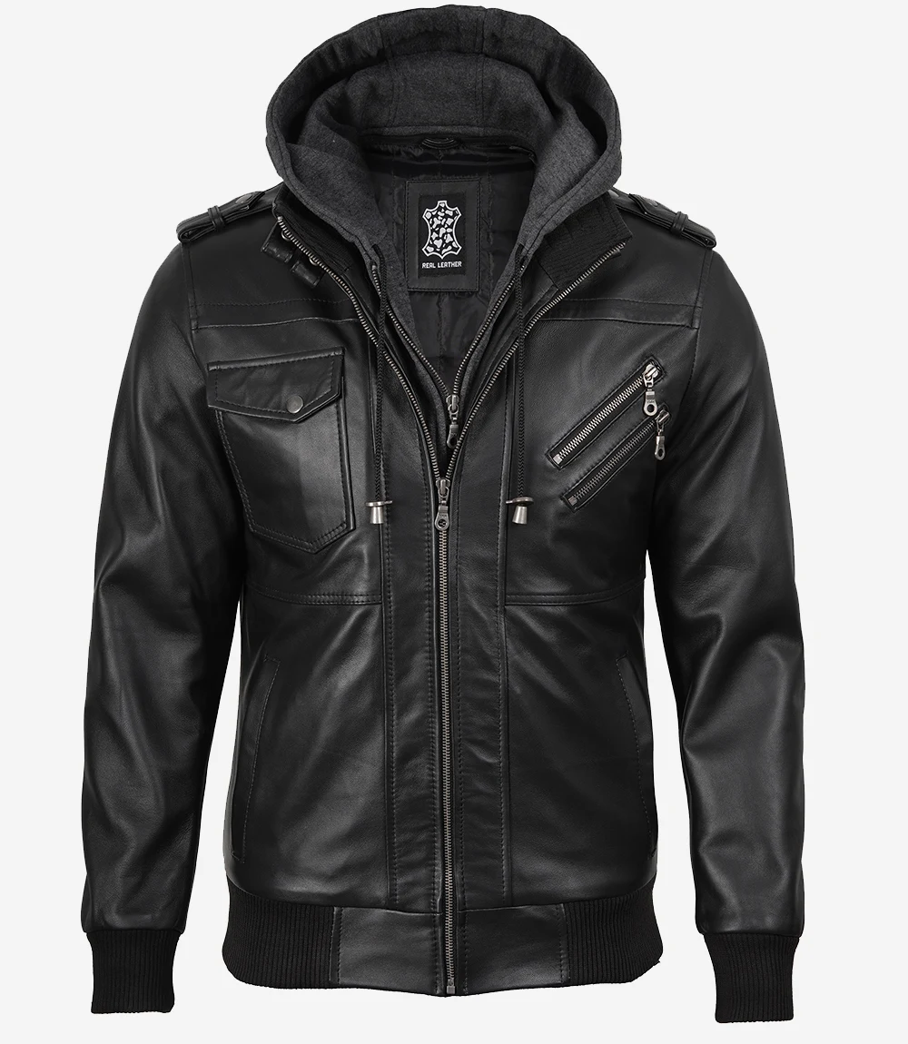 Ferrow Men’s Black Hooded Leather Jacket