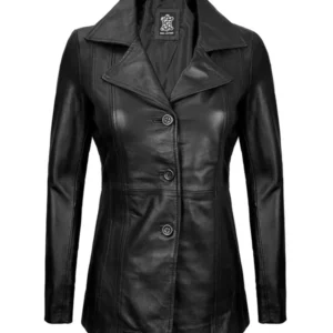 Evoria Women’s Black Three-Button Lambskin Leather Blazer