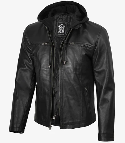Jaxwell Black Hooded Leather Jacket – Men - Image 3