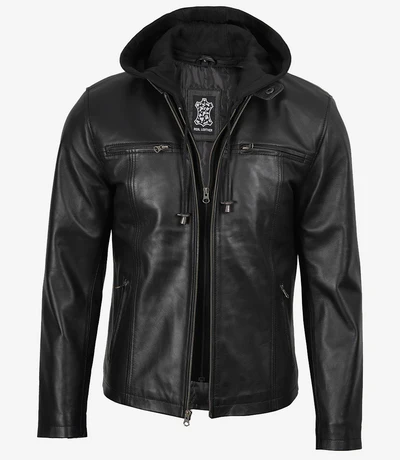 Jaxwell Black Hooded Leather Jacket – Men - Image 4