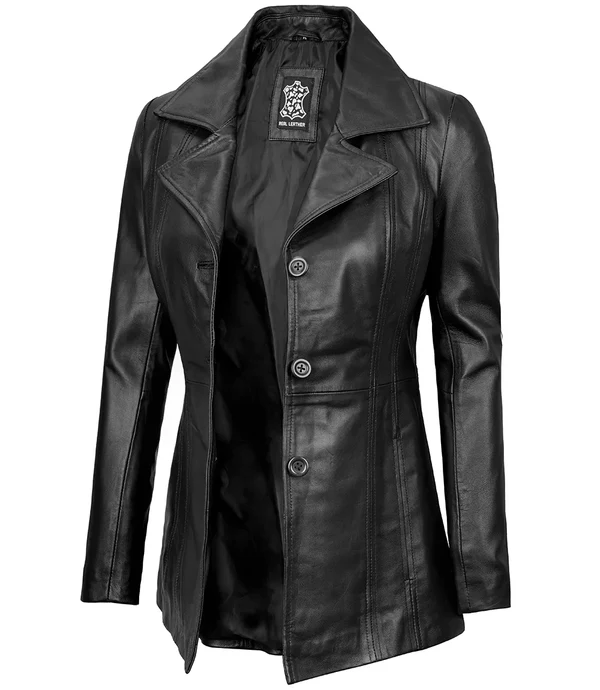 Evoria Women’s Black Three-Button Lambskin Leather Blazer - Image 3